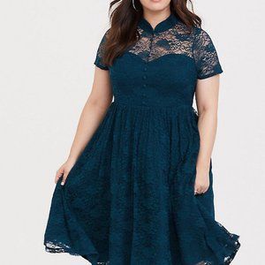 Retro teal lace dress with mandarin collar